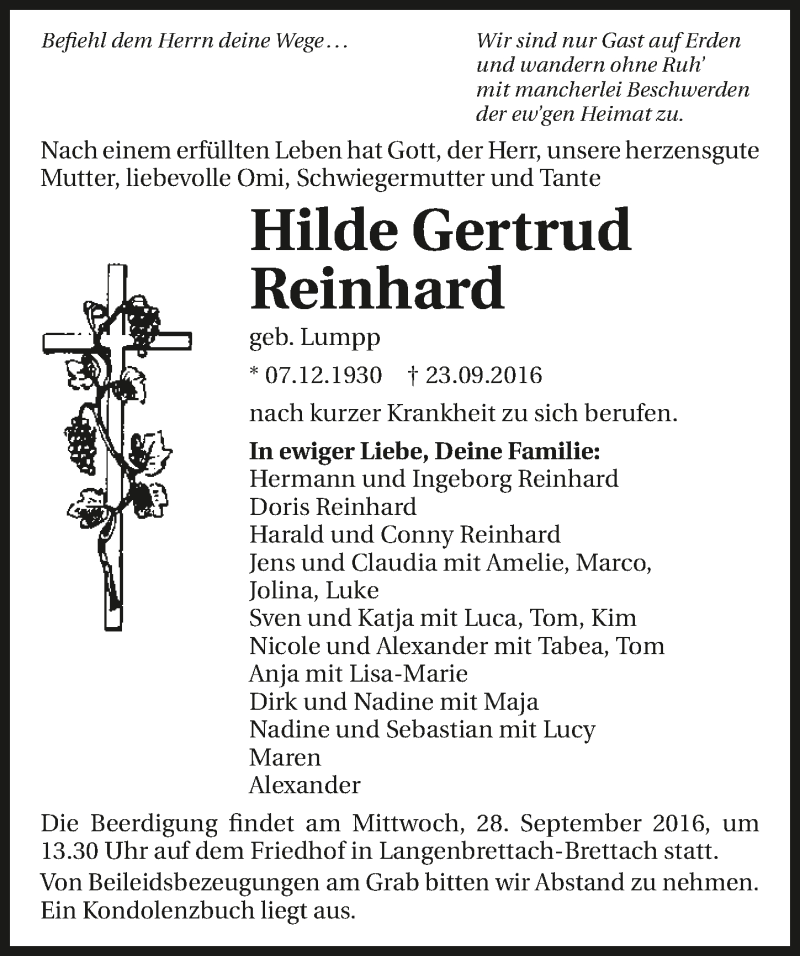  Traueranzeige für Hilde Gertrud Reinhard vom 26.09.2016 aus 