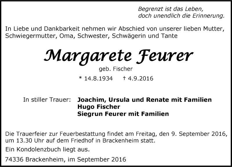 Traueranzeige für Margarete Feurer vom 06.09.2016 aus 