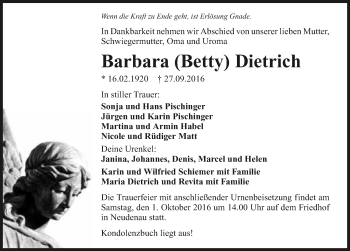 Traueranzeige von Barbara Dietrich 