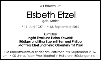 Traueranzeige von Elsbeth Etzel 