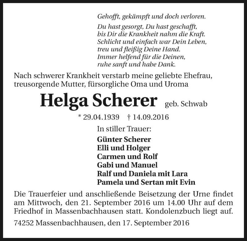  Traueranzeige für Helga Scherer vom 17.09.2016 aus 