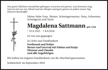 Traueranzeige von Magdalena Sattmann 