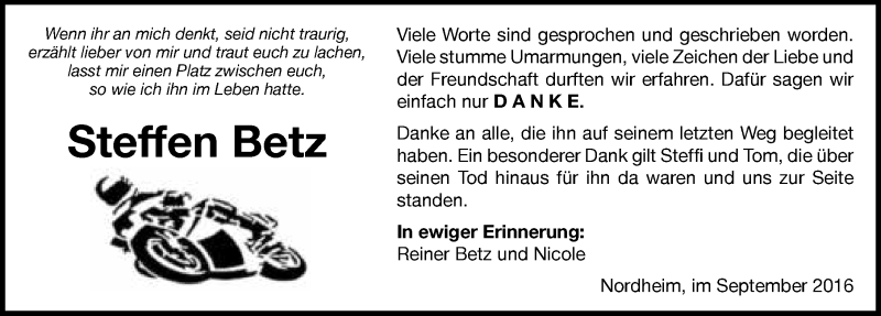  Traueranzeige für Steffen Betz vom 01.10.2016 aus 