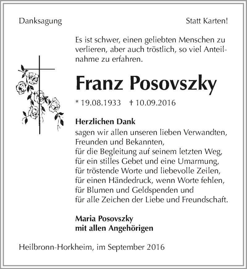  Traueranzeige für Franz Posovszky vom 24.09.2016 aus 