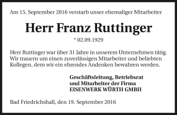 Traueranzeige von Franz Ruttinger 