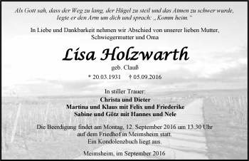 Traueranzeige von Lisa Holzwarth 