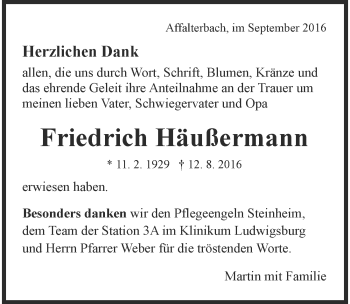 Traueranzeige von Friedrich Häußermann 