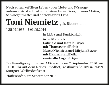Traueranzeige von Toni Niemietz 