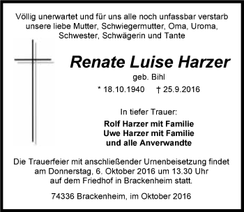 Traueranzeige von Renate Luise Harzer 