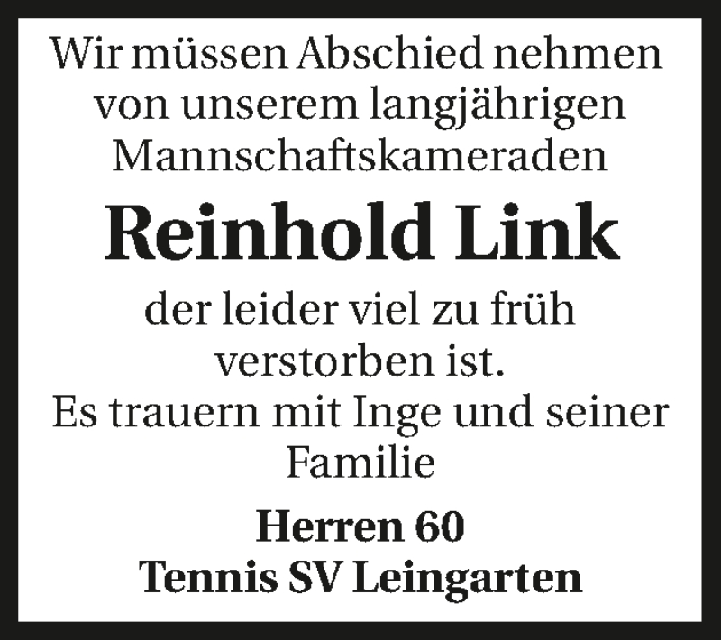  Traueranzeige für Reinhold Link vom 10.09.2016 aus 