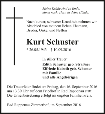 Traueranzeige von Kurt Schuster 