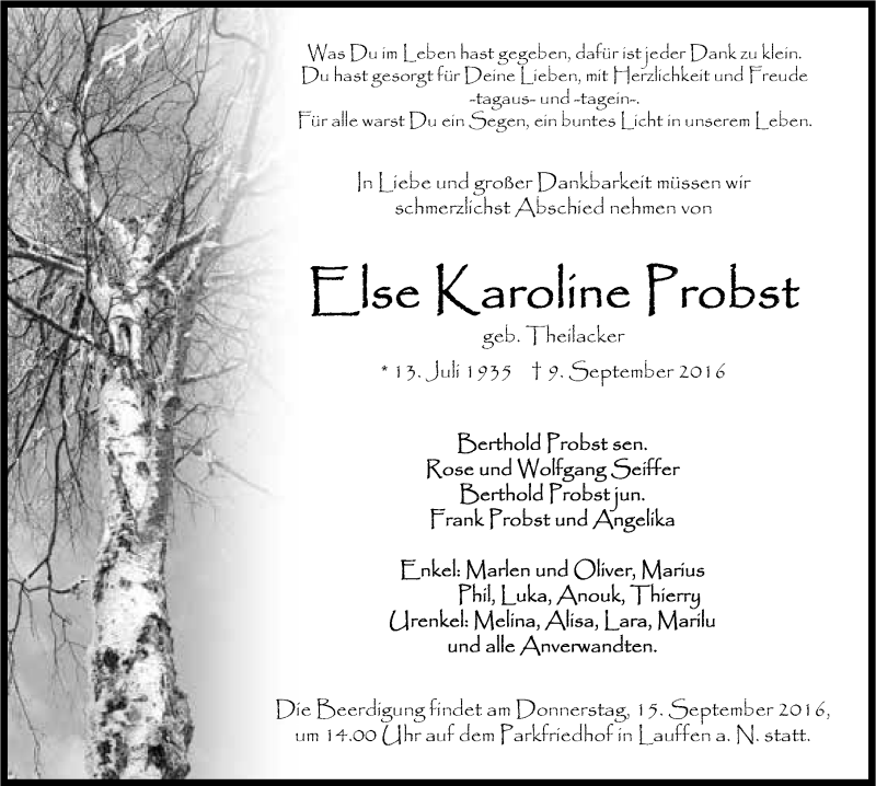 Traueranzeige für Else Karoline Probst vom 13.09.2016 aus 