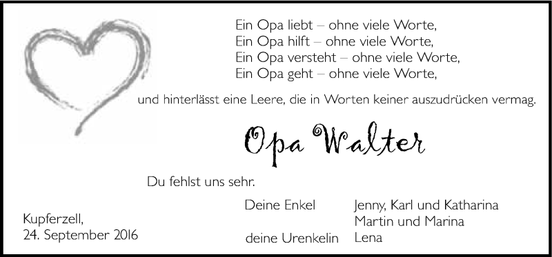  Traueranzeige für Walter Baumann vom 24.09.2016 aus 