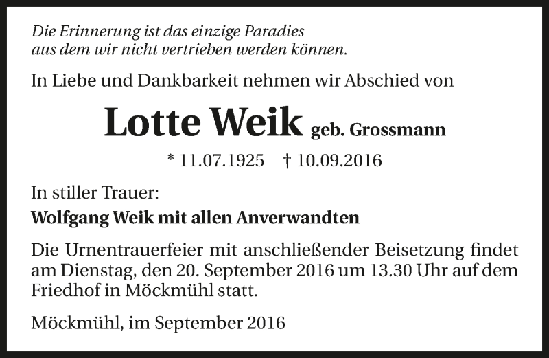  Traueranzeige für Lotte Weik vom 15.09.2016 aus 