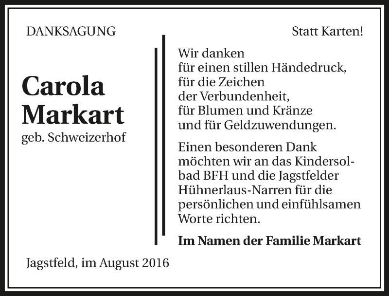  Traueranzeige für Carola Markart vom 07.09.2016 aus 