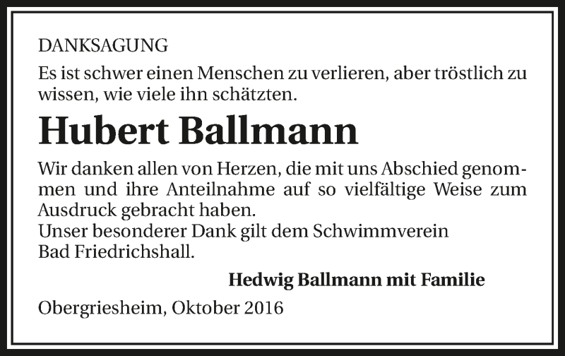  Traueranzeige für Hubert Ballmann vom 01.10.2016 aus 