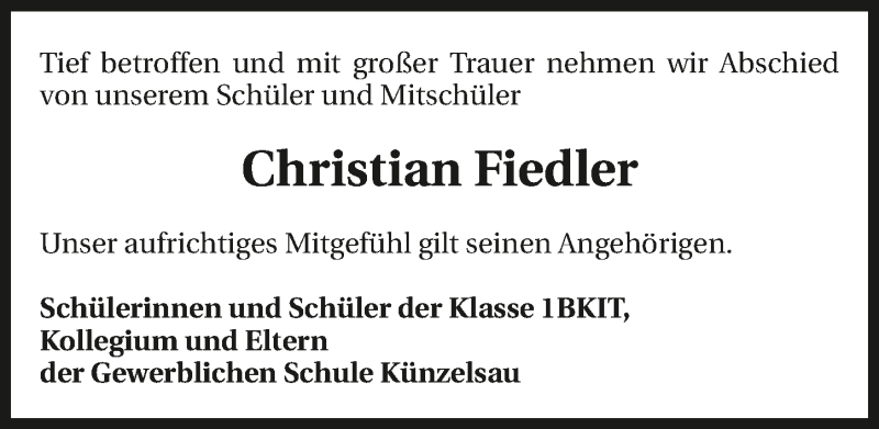 Traueranzeige für Christian Fiedler vom 17.09.2016 aus 