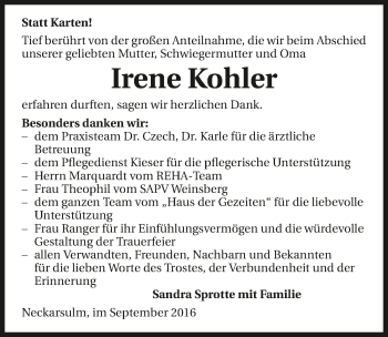 Traueranzeige von Irene Kohler 