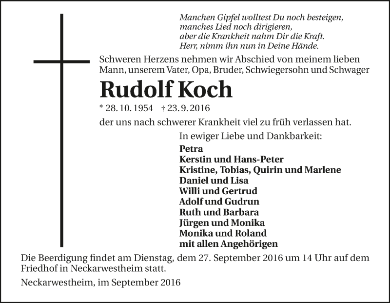  Traueranzeige für Rudolf Koch vom 26.09.2016 aus 