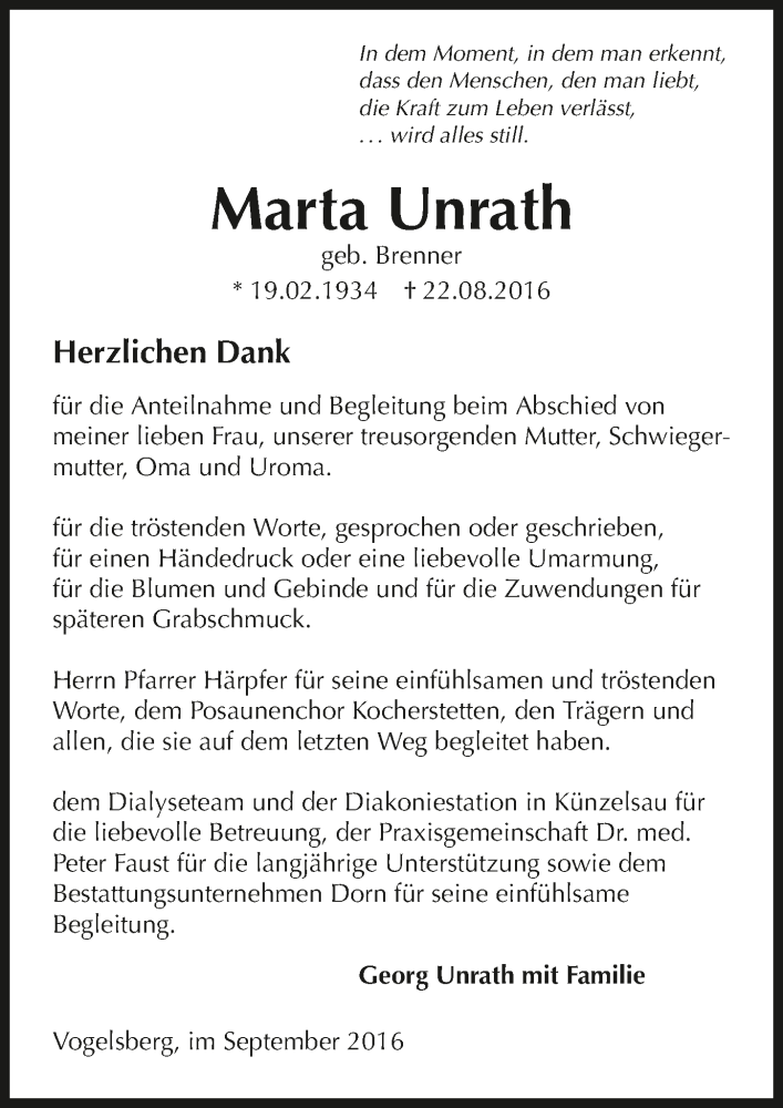  Traueranzeige für Marta Unrath vom 17.09.2016 aus 