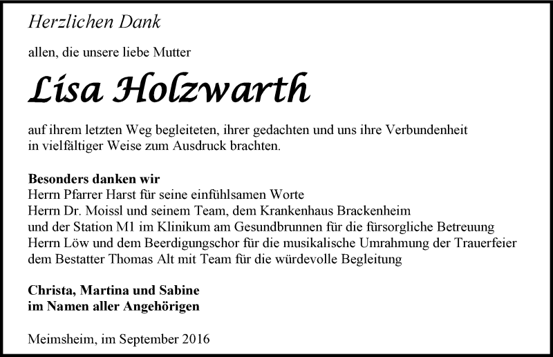  Traueranzeige für Lisa Holzwarth vom 24.09.2016 aus 