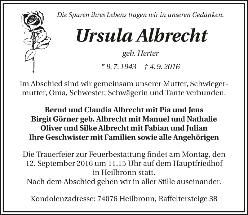  Traueranzeige für Ursula Albrecht vom 08.09.2016 aus 