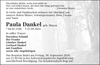 Traueranzeige von Paula Dankel 