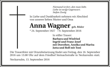 Traueranzeige von Anna Wagner 