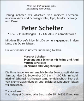 Traueranzeige von Peter Schelter 