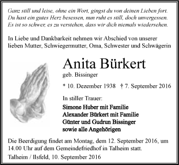 Traueranzeige von Anita Bürkert 