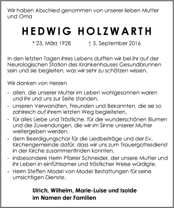 Traueranzeige von Hedwig Holzwarth 