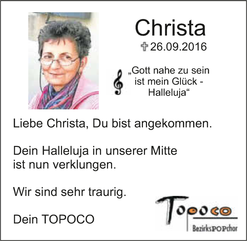  Traueranzeige für Christa Feucht vom 01.10.2016 aus 