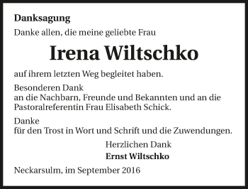 Traueranzeige von Irena Wiltschko 