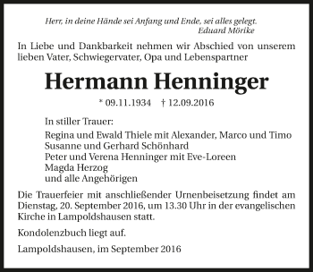 Traueranzeige von Hermann Henninger