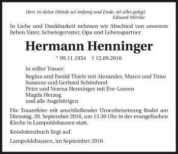 Traueranzeige von Hermann Henninger 