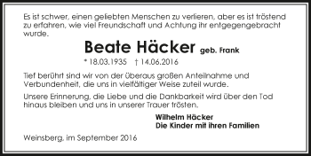Traueranzeige von Beate Häcker 