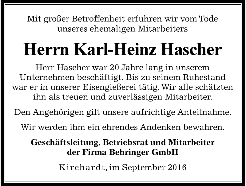  Traueranzeige für Karl-Heinz Hascher vom 23.09.2016 aus 