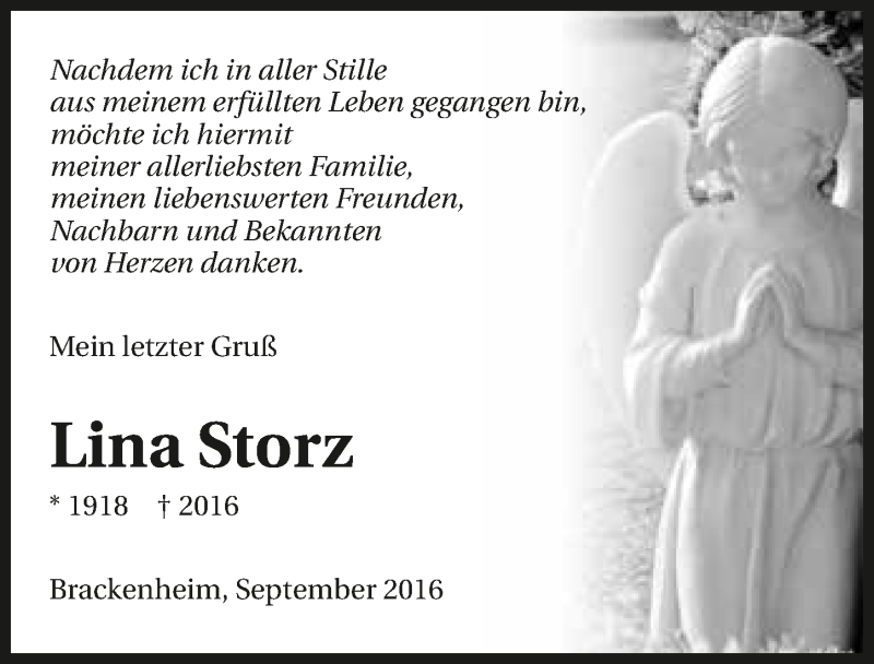  Traueranzeige für Lina Storz vom 17.09.2016 aus 