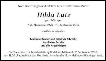 Traueranzeige von Hilda Lutz 