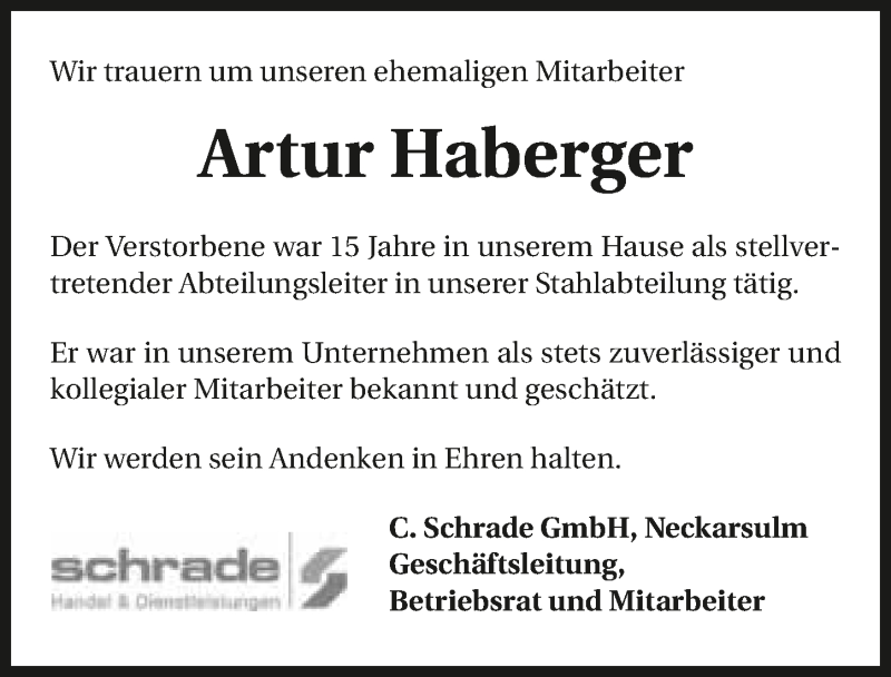  Traueranzeige für Artur Haberger vom 22.09.2016 aus 