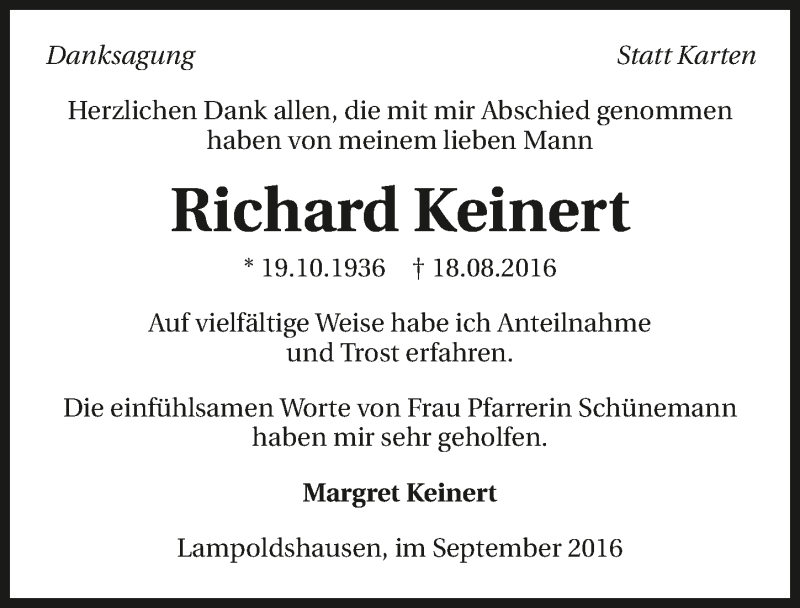  Traueranzeige für Richard Keinert vom 10.09.2016 aus 