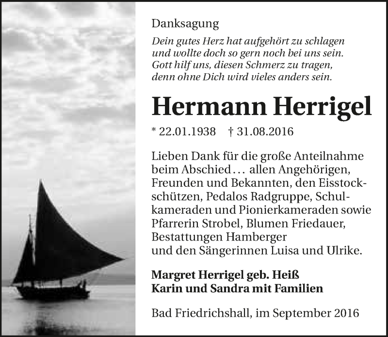  Traueranzeige für Hermann Herrigel vom 10.09.2016 aus 