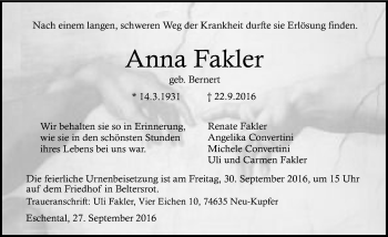 Traueranzeige von Anna Fakler 