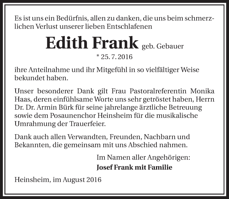  Traueranzeige für Edith Frank vom 12.09.2016 aus 