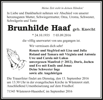Traueranzeige von Brunhilde Haaf 