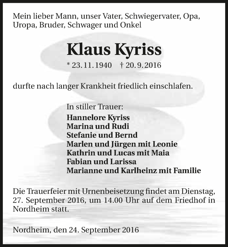 Traueranzeige für Klaus Kyriss vom 24.09.2016 aus 