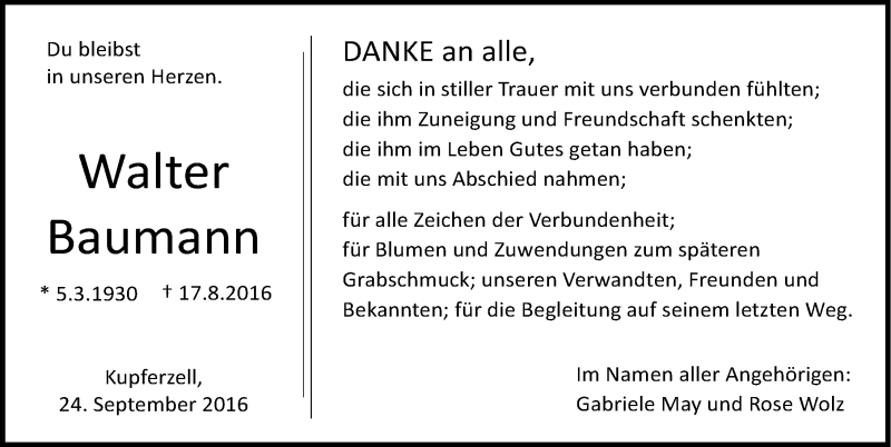  Traueranzeige für Walter Baumann vom 24.09.2016 aus 