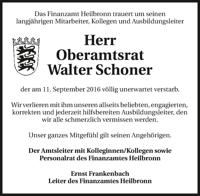  Traueranzeige für Walter Schoner vom 13.09.2016 aus 