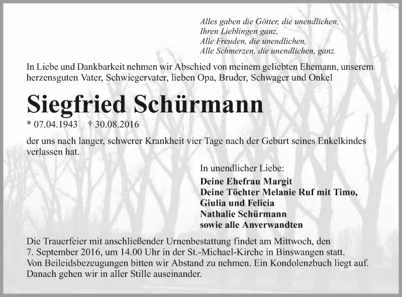  Traueranzeige für Siegfried Schürmann vom 05.09.2016 aus 