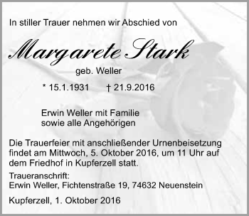 Traueranzeige von Margarete Stark 